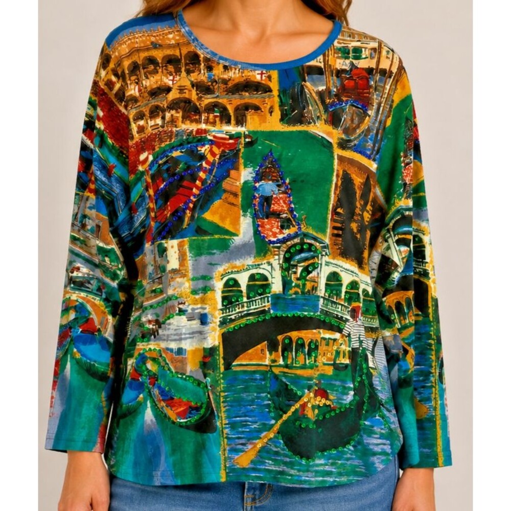 Take Two Italy Venice Floral Village Graphic Sequined Top Womens Sz XL